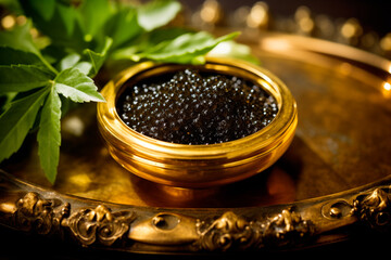 Closeup of natural black caviar in golden bowl on black background, texture of luxury fresh sturgeon caviar macro photo.