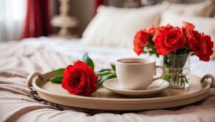 Tray with a cup of coffee, vase with beautiful red flowers on the bed in the room