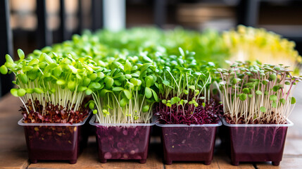Various microgreens in containers. ai generative