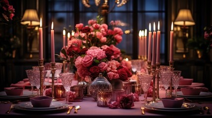 Dining room with the table set up for romantic dinner. Saint Valentin celebration