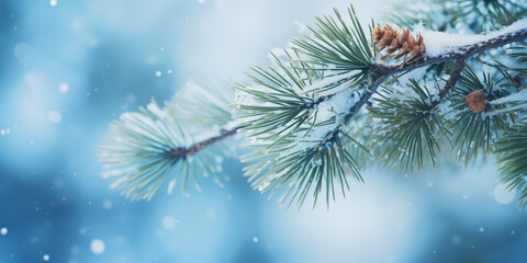 snow covered pine branch against blurred winter background