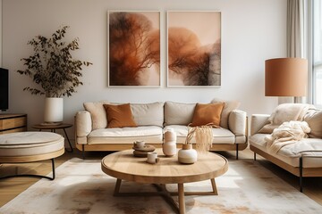 Round wooden coffee table near beige sofas against white wall with posters. Scandinavian style home interior design of modern living room, Generative AI