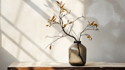 Brown glass decorative jar with twig on stone table against stucco wall. Home decor background with copy space. Interior design of modern living room, Generative AI