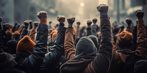 protesting people raise their fist up. ai generative - obrazy, fototapety, plakaty