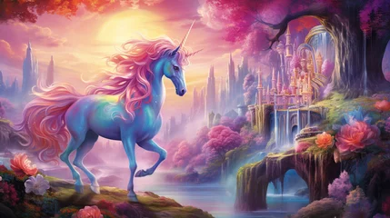 Tuinposter Toilet A majestic unicorn, its coat a rainbow of pinks and purples, stands atop a mountain, surveying a breathtaking landscape, a sight that is both awe-inspiring and whimsical. ai generated.