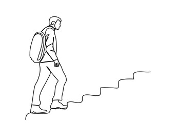 Man climbing up the stairs one line drawing vector illustration.