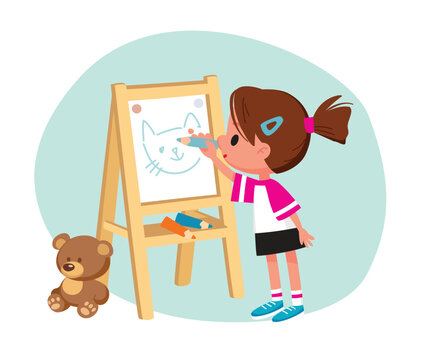 Little child girl painting, drawing, draws a picture with pencils standing with a palette picture. Drawing kid activity in art class. Learning how to draw. Little child girl drawing picture