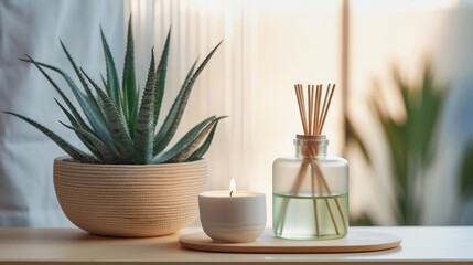 A close-up view captures the essence of tranquility, featuring a reed diffuser, aloe vera plant, and wooden accents—perfect for home decor and wellness concepts