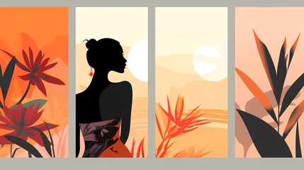 Vector illustration of a silhouette of a woman on a tropical background.