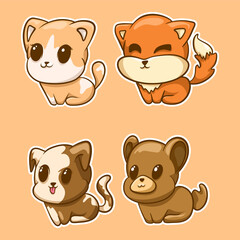 Cute cartoon cat, fox, dog, bear, animal vector drawing illustration