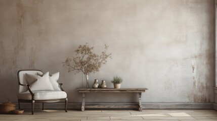 old vintage room, farmhouse interior, industrial style, big blank wall mockup, couch, chair, plants with beautiful shadows, Generative AI