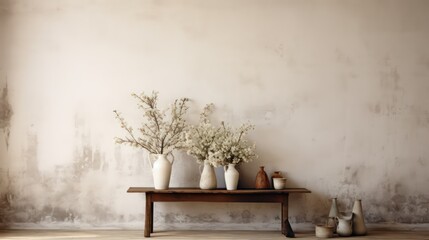 old vintage room, farmhouse interior, industrial style, big blank wall mockup, couch, chair, plants with beautiful shadows, Generative AI