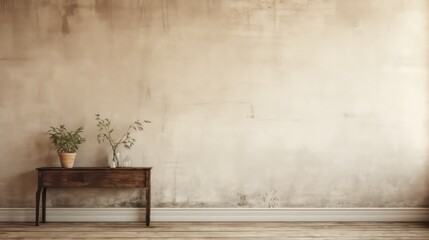 old vintage room, farmhouse interior, industrial style, big blank wall mockup, couch, chair, plants with beautiful shadows, Generative AI