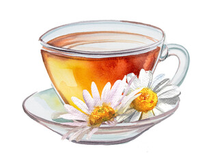 Vintage glass cup with camomile flowers illustration. Retro mug design. Hot drink clipart isolated on a white background. Calming herbal tea clipart.
