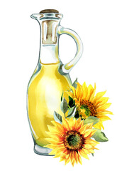 Vintage glass bottle with sunflower oil and sunflowers. Watercolor hand painted vegan oil design. Healthy food clipart.