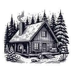 Cozy winter cabin in the woods sketch