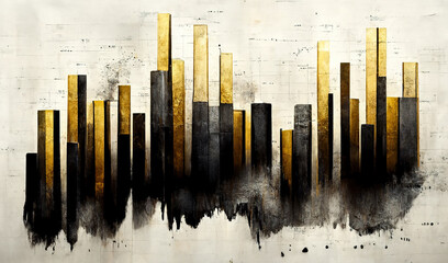 Generative AI, Black and golden watercolor abstract stock market charts painted background. Ink black street graffiti art on a textured paper vintage background, washes and brush strokes	

