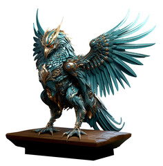 Fantasy bird or phoenix, griffin of gold emerald azure, cyberpunk, fantastic, png, artifact. Isolated on transparency.