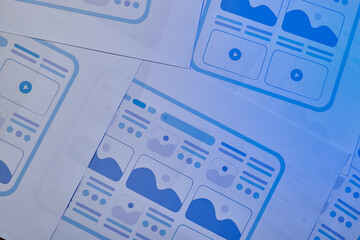UX website design wireframe. Sketch, prototype, framework, layout future design project. UI/UX - user interface, user experience designer. Creative concept for web design studio. Website development