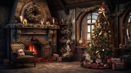 Fototapeta na wymiar Feast of Christmas. Beautifully decorated house with a Christmas tree ipodarkami underneath