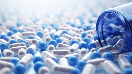 captivating blue and white capsule pills background, symbolizing health, recovery, and the pharmaceutical journey to well-being - obrazy, fototapety, plakaty
