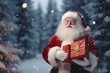 Photo of smiling Santa Claus holding Christmas gift boxes in a snowy forest. New Year and Merry Christmas cozy holiday festive greeting card. Winter atmosphere concept.
