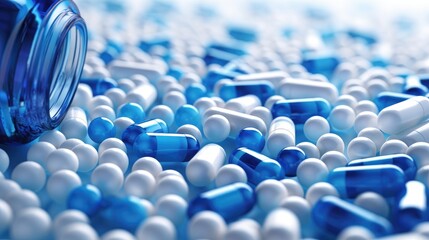 captivating blue and white capsule pills background, symbolizing health, recovery, and the pharmaceutical journey to well-being - obrazy, fototapety, plakaty