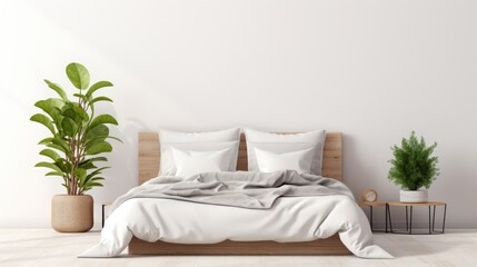 Fototapeta na wymiar unmade bed with white blankets and pillows, surrounded by bedside tables adorned with plant pots. Ideal for portraying comfort and modern living.