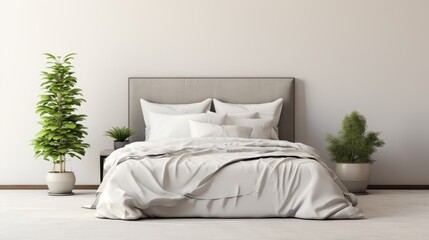 unmade bed with white blankets and pillows, surrounded by bedside tables adorned with plant pots. Ideal for portraying comfort and modern living.