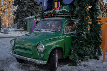 Kyiv, Ukraine. 04.12.2023: the decorative car was beautifully decorated for the New Year