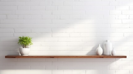 white wooden shelf gracefully mounted on a pristine white brick wall, offering a modern and chic touch to your interior design aspirations