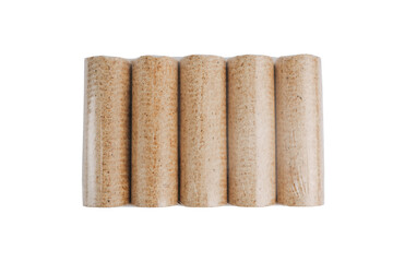 Fuel briquettes folded in rows on a white background. Wooden briquettes are an environmentally friendly fuel source that are used to start a fire. They are made by pressing of dry sawdust.