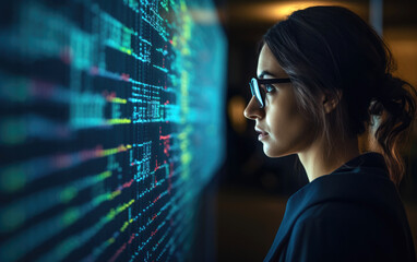 Woman programmer looking at lines of code on a screen
