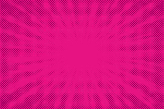 Pink comics background. Abstract lines backdrop. Bright sunrays. Design frames for title book. Texture explosive polka. Beams action. Pattern motion flash. Rectangle fast boom. Vector illustration