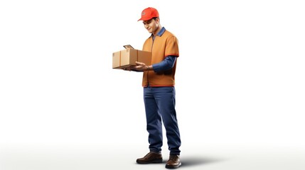 skilled deliveryman in a side view, offering a package with a focus on efficient service and customer satisfaction against an isolated white backdrop