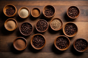 various bowls scattered on a wooden table full of roasted coffee seeds - obrazy, fototapety, plakaty