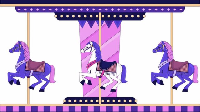 Kids carousel merry go round line 2D object animation. Roundabout amusement park flat color cartoon 4K video, alpha channel. Fairground horses ride for children animated item on white background