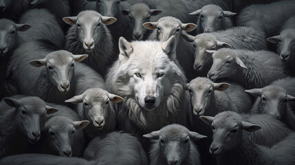 A wolf among the sheep. Concept of one who poses a threat, one who has infiltrated a group under the guise of righteousness. - obrazy, fototapety, plakaty
