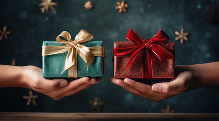 Gift exchange, people give Christmas gifts to each other - obrazy, fototapety, plakaty