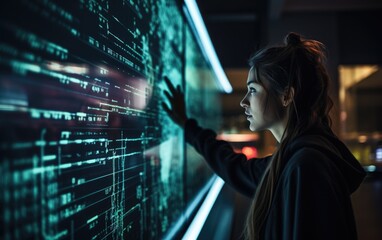 Woman programmer looking at lines of code on a screen - obrazy, fototapety, plakaty
