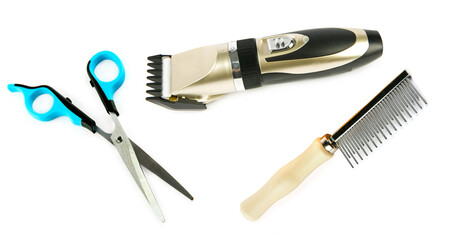 Scissors, hair clipper and comb for pet hair care isolated on white. Wide photo. Collage.