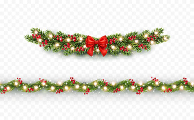 Christmas tree border with green fir branches, red bow, berries, gold lights isolated on transparent background. Pine, xmas evergreen plants frame and seamless banner. Vector string garland decor set