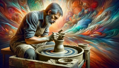 Potter working on a pottery wheel in front of colorful background Create and idea concept. - obrazy, fototapety, plakaty