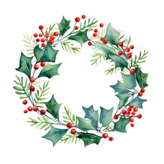Fototapeta premium Holly leaves and berry. Christmas wreath watercolour illustration. clipart for design. elements. isolated on transparent background.