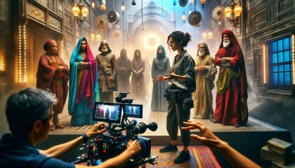 Behind the scenes of the movie. Filmmaking on location in the cinema. Create and idea concept.