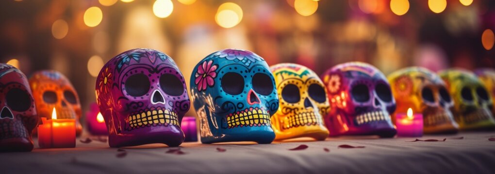 Abstract banner background of a traditional Mexican Day of the Dead celebration, colorful skulls and candles. 