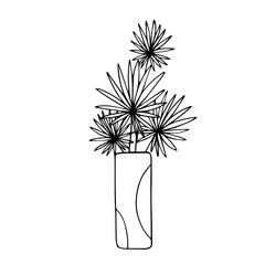 Linear sketch of tropical leaves in a vase.Vector graphics.