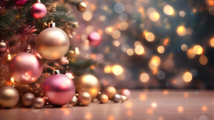 Obraz na płótnie Canvas Christmas background with pink and gold baubles and fir branches on bokeh background