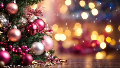 Fototapeta na wymiar Beautiful Christmas tree with decorations on bokeh background, closeup