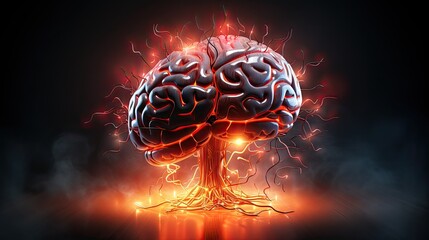 mózg i latające elektrony wokół niego, pokazuje jak myśli przenikaja przez mózg - obrazy, fototapety, plakaty